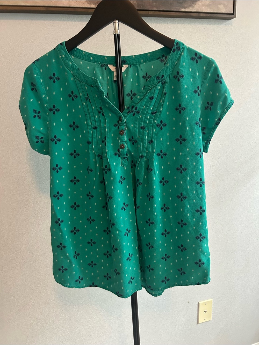 Sonoma Teal Green Short-Sleeve Printed Pintuck Blouse